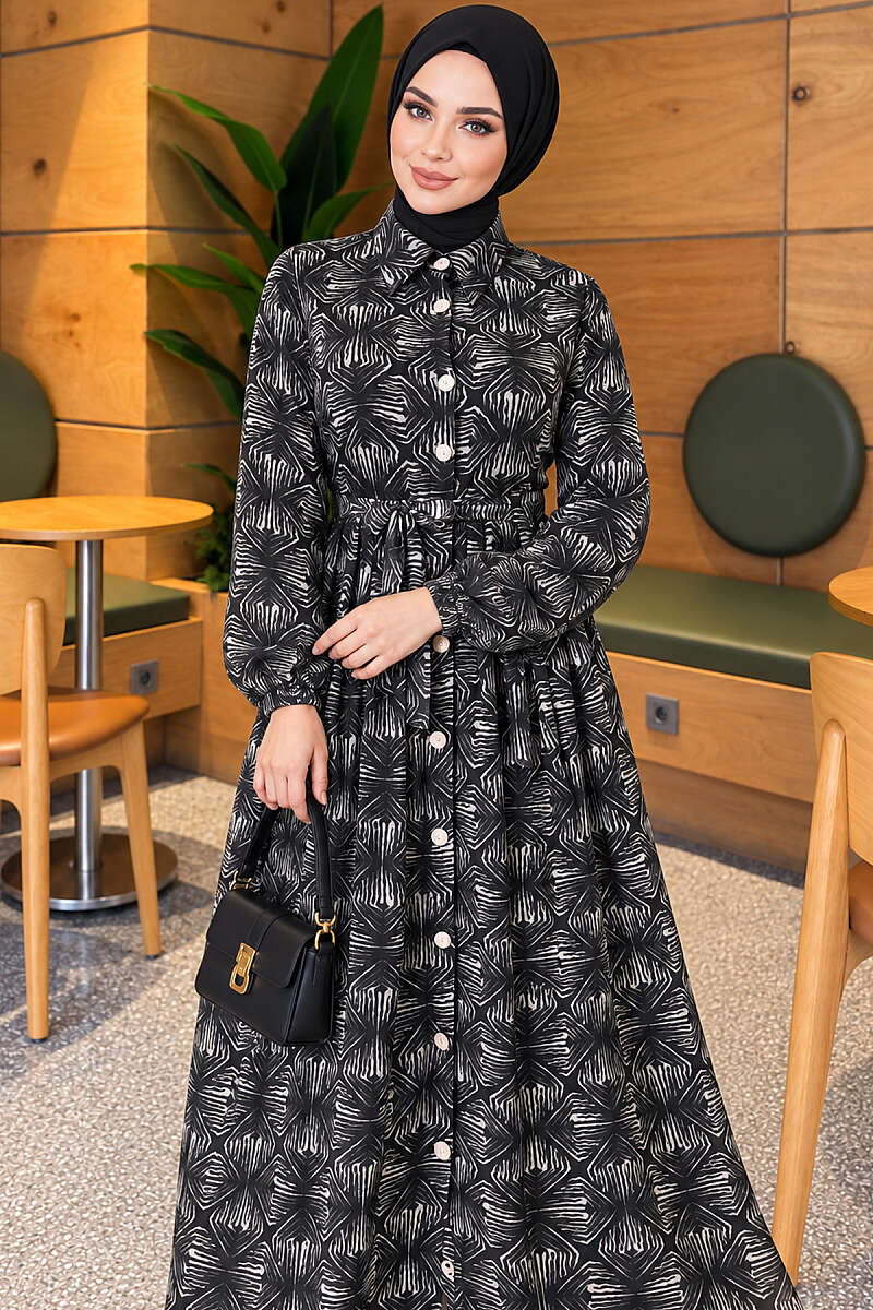 Button-Through Patterned Dress - Emerald