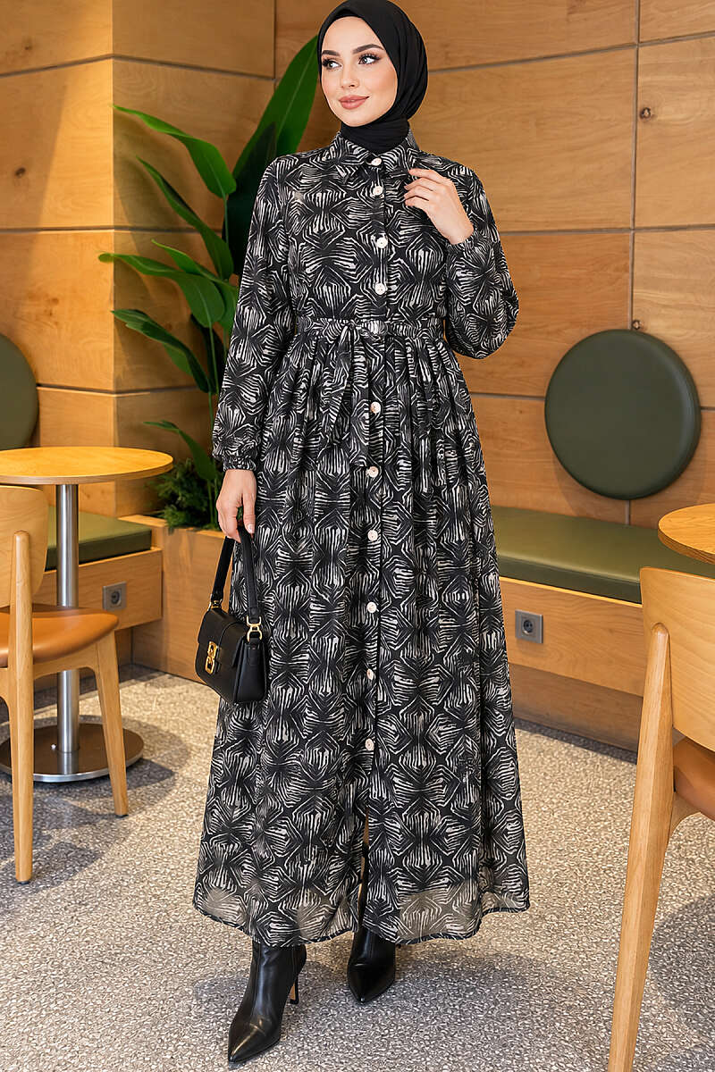 Button-Through Patterned Dress - Emerald