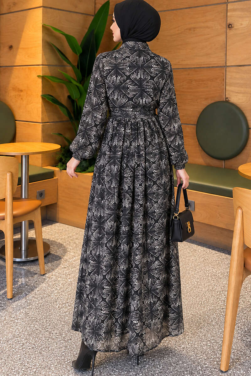 Button-Through Patterned Dress - Emerald