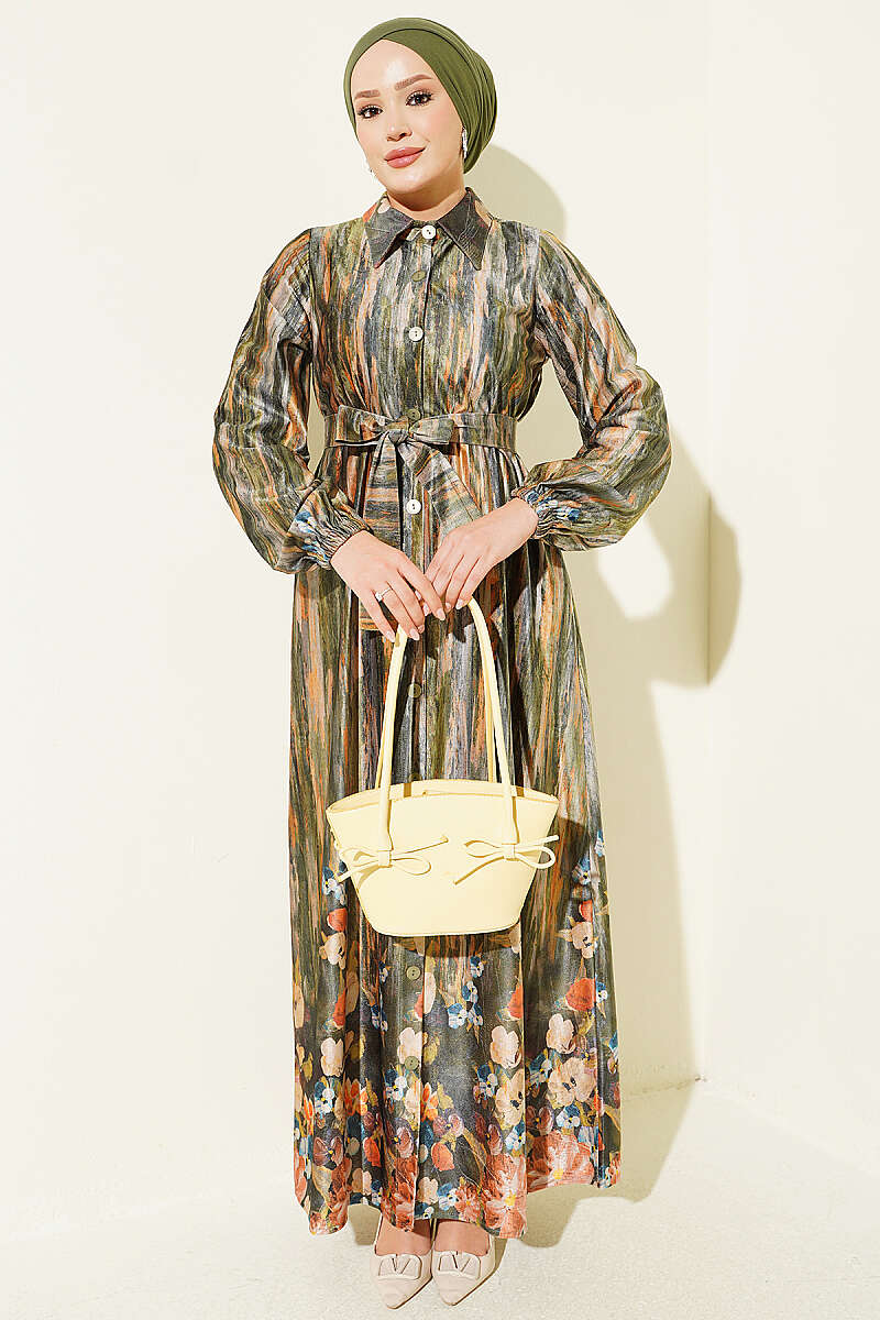 Button-Through Patterned Velvet Dress - Green
