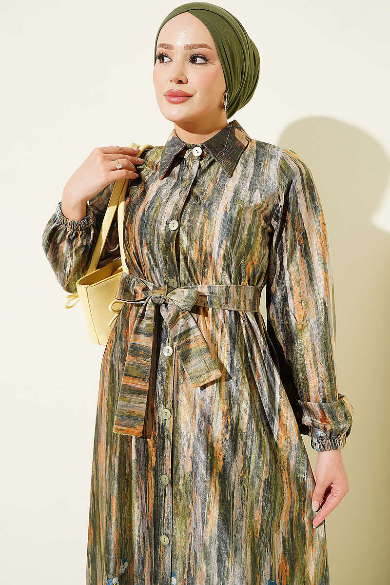 Button-Through Patterned Velvet Dress - Green