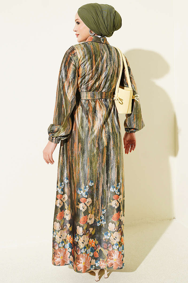 Button-Through Patterned Velvet Dress - Green