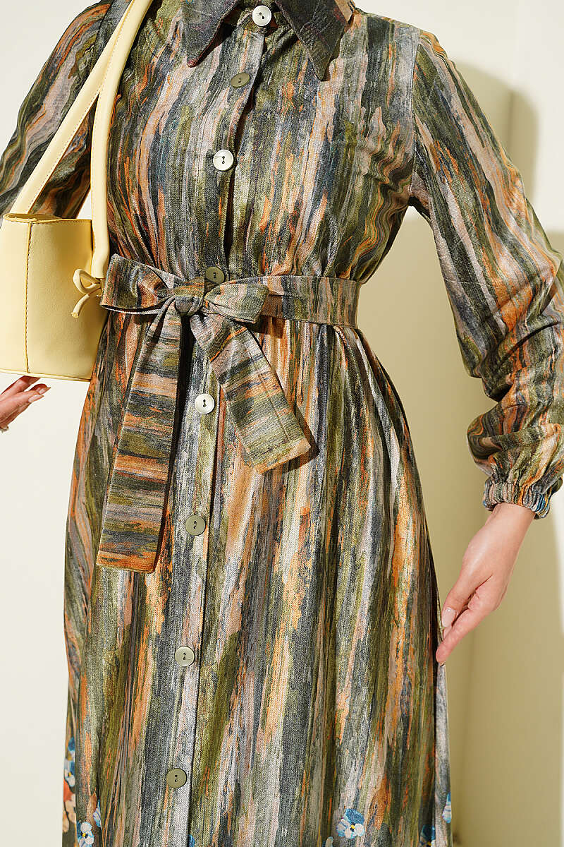 Button-Through Patterned Velvet Dress - Green