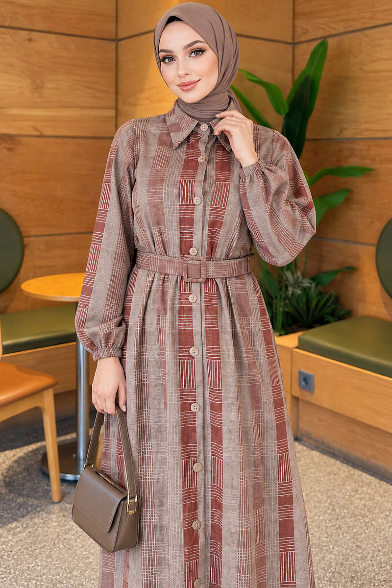 Button-Through Plaid Velvet Dress - Tan