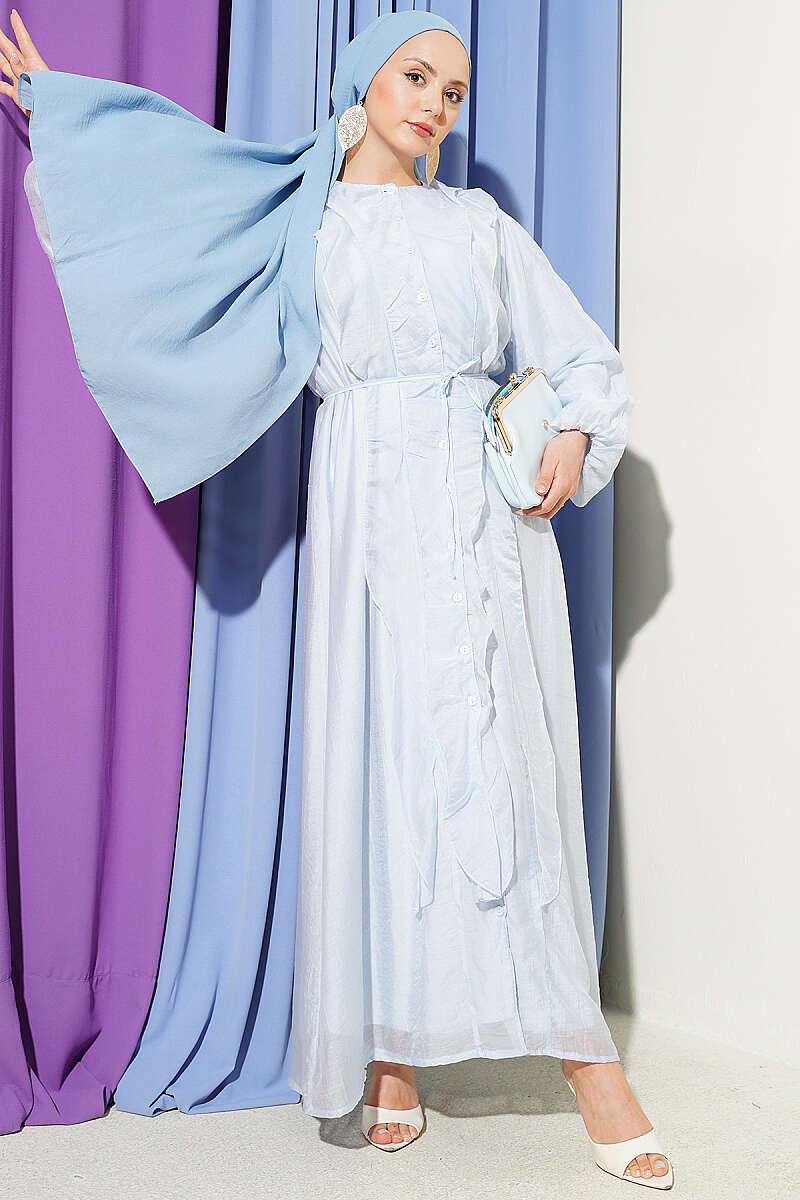 Button-Through Ruffle Dress with Cord Belt - Light Blue