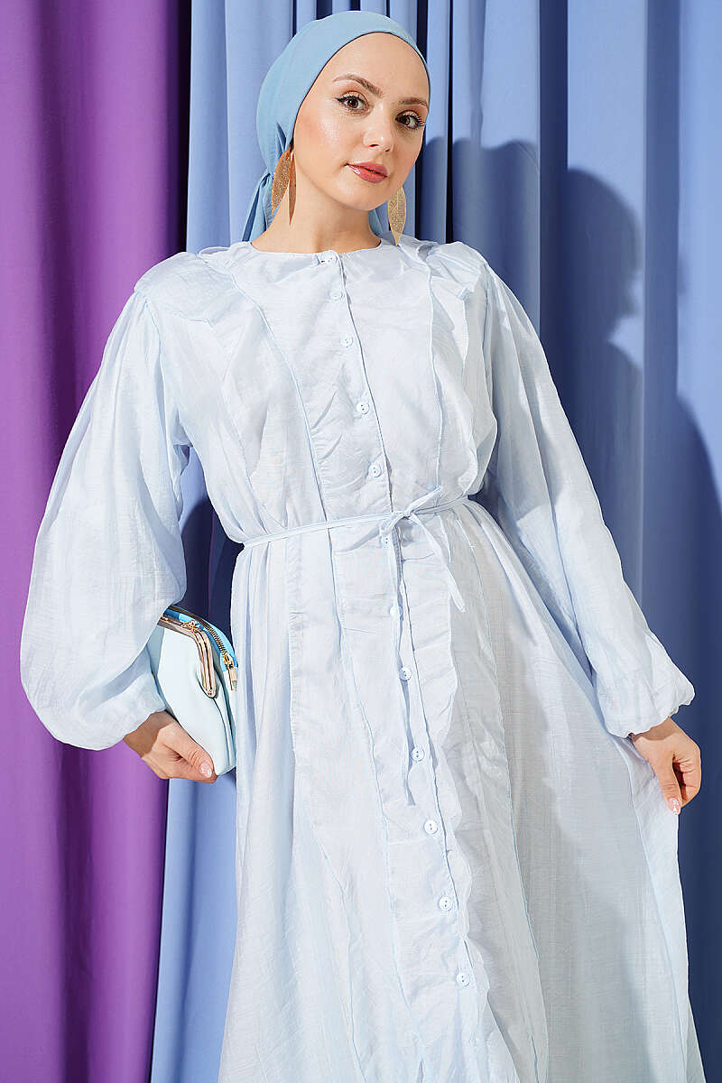 Button-Through Ruffle Dress with Cord Belt - Light Blue