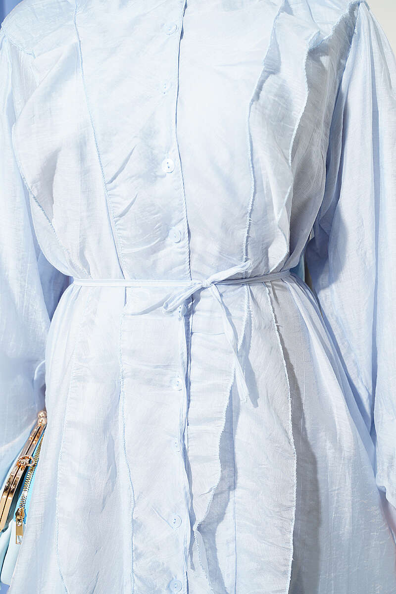 Button-Through Ruffle Dress with Cord Belt - Light Blue