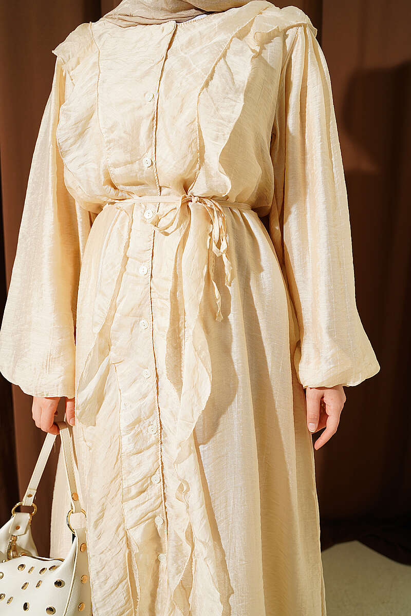 Button-Through Ruffle Dress with Cord Belt - Beige
