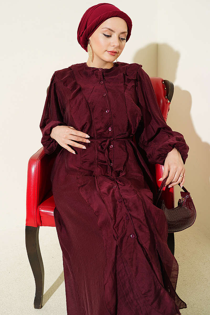 Button-Through Ruffle Dress with Cord Belt - Burgundy