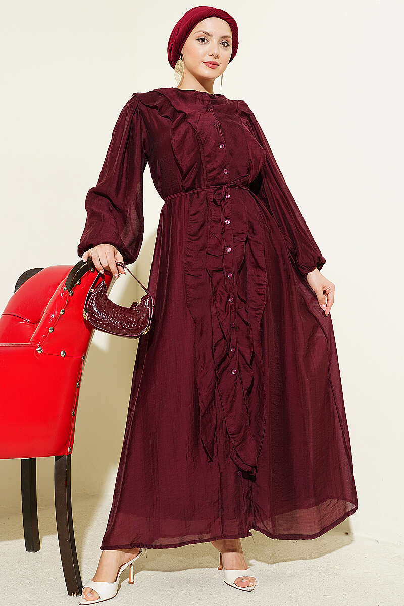 Button-Through Ruffle Dress with Cord Belt - Burgundy