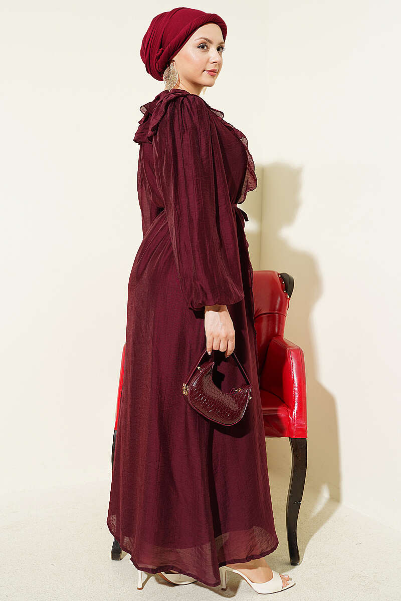 Button-Through Ruffle Dress with Cord Belt - Burgundy