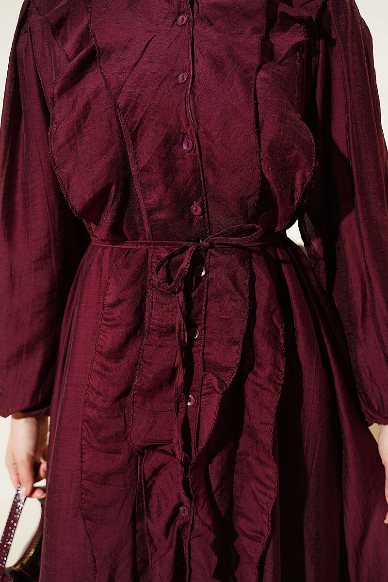 Button-Through Ruffle Dress with Cord Belt - Burgundy
