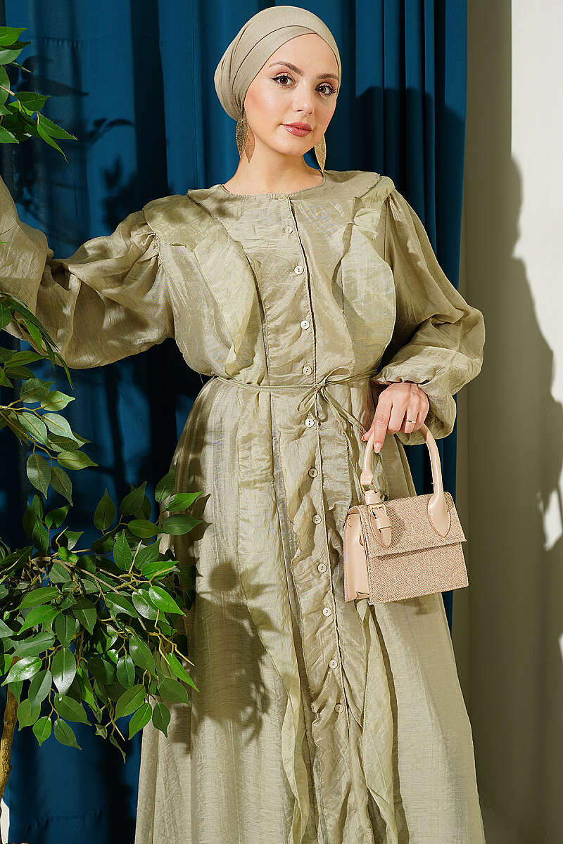 Button-Through Ruffle Dress with Cord Belt - Almond Green