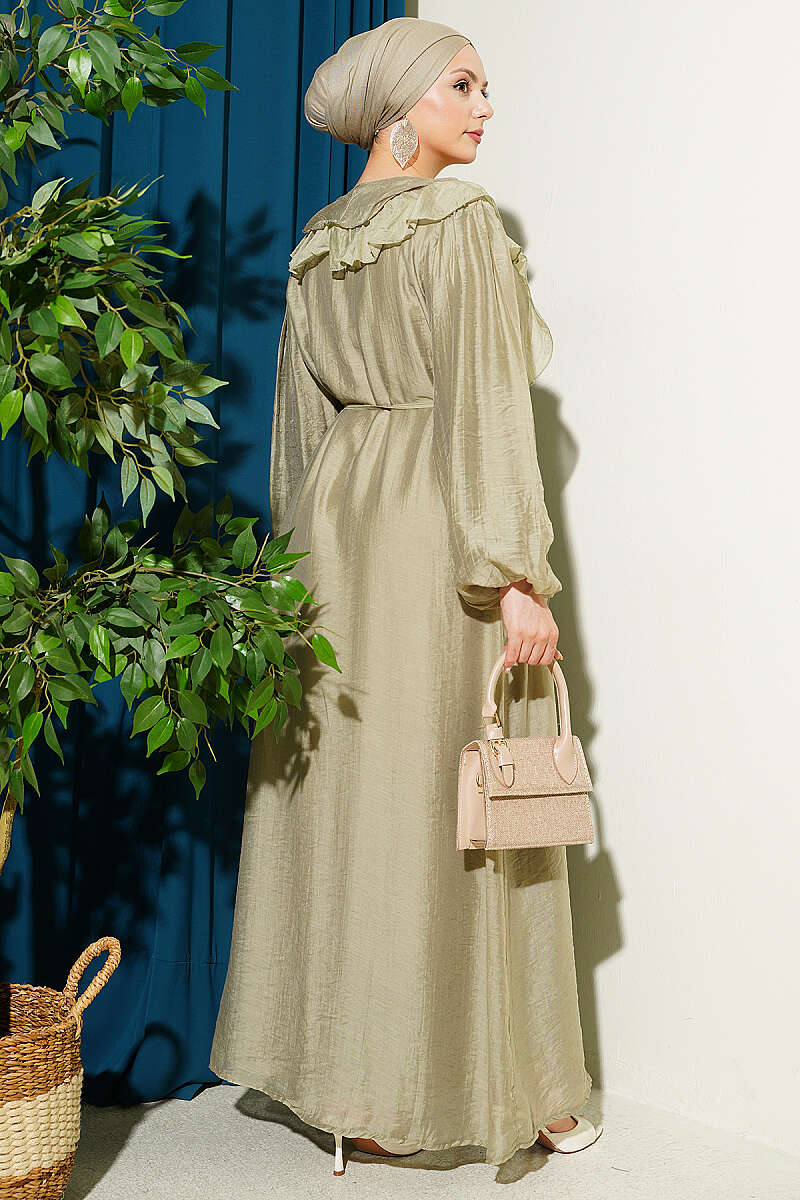Button-Through Ruffle Dress with Cord Belt - Almond Green