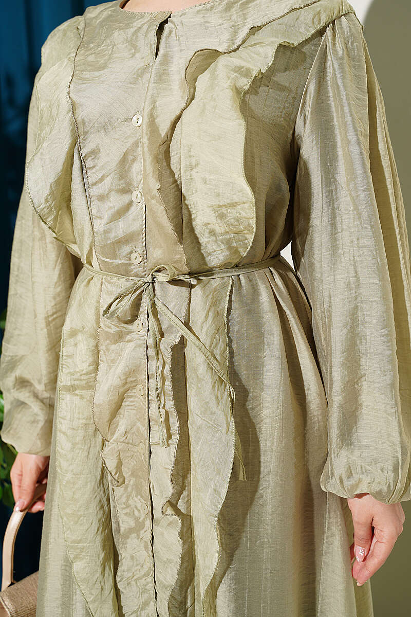 Button-Through Ruffle Dress with Cord Belt - Almond Green