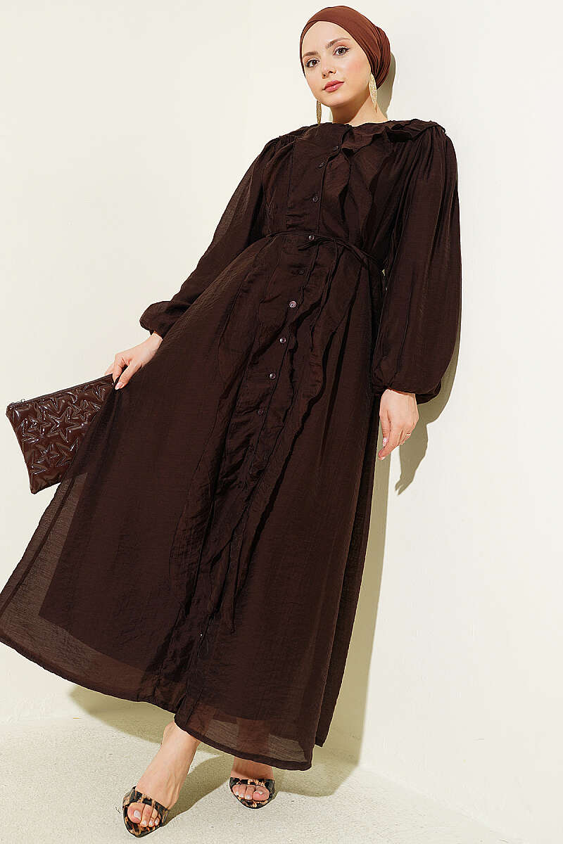 Button-Through Ruffle Dress with Cord Belt - Brown