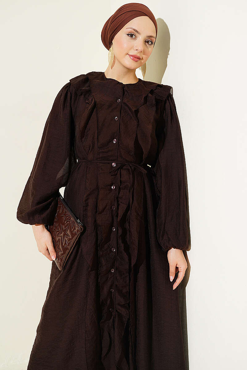 Button-Through Ruffle Dress with Cord Belt - Brown