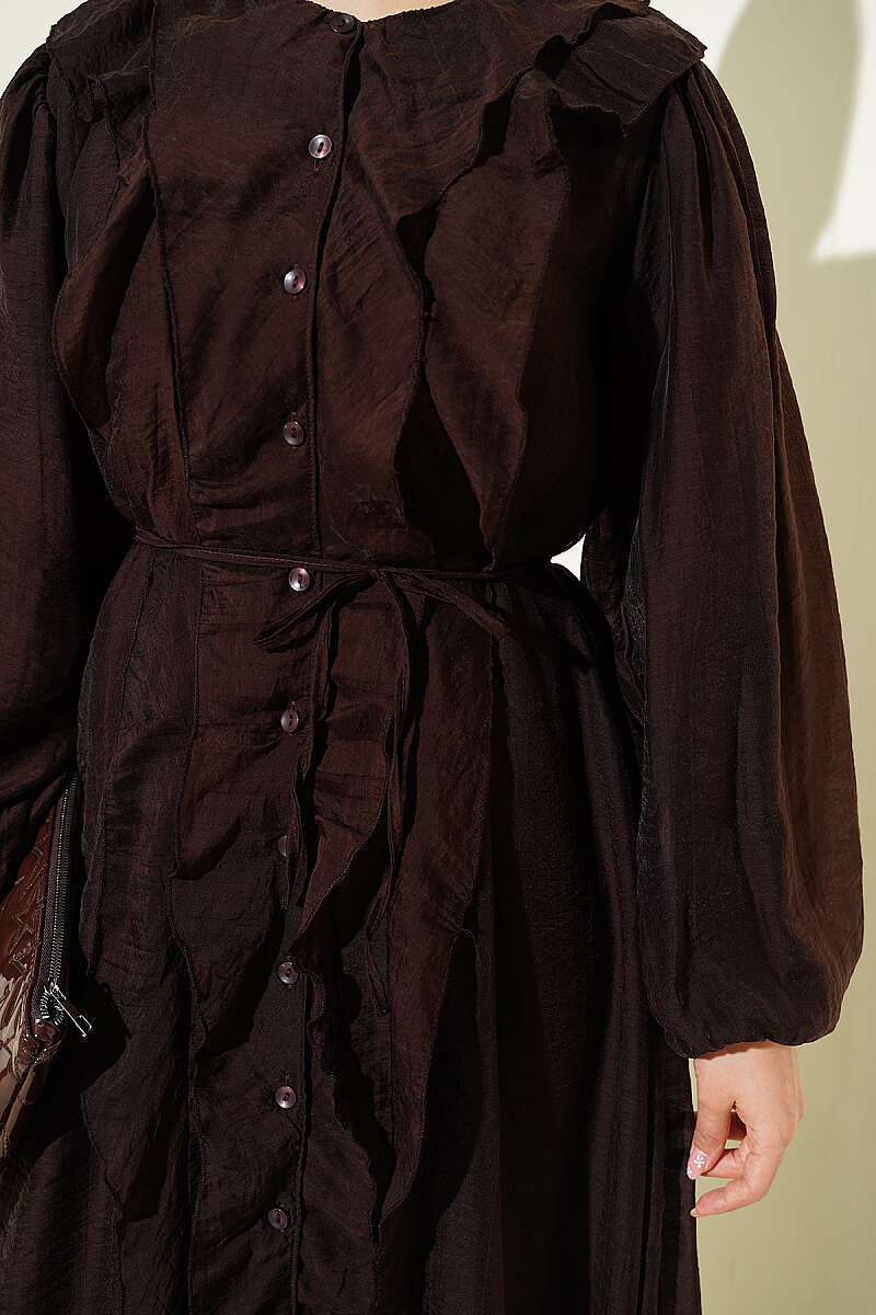Button-Through Ruffle Dress with Cord Belt - Brown