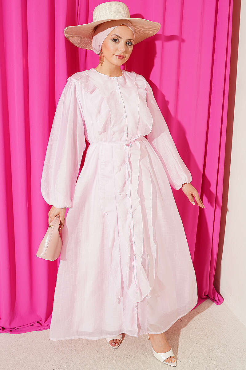 Button-Through Ruffle Dress with Cord Belt - Pink