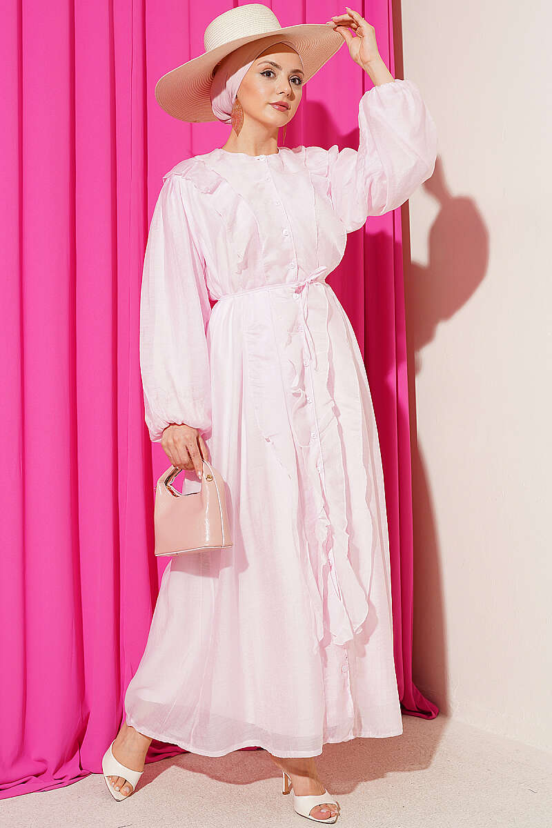 Button-Through Ruffle Dress with Cord Belt - Pink