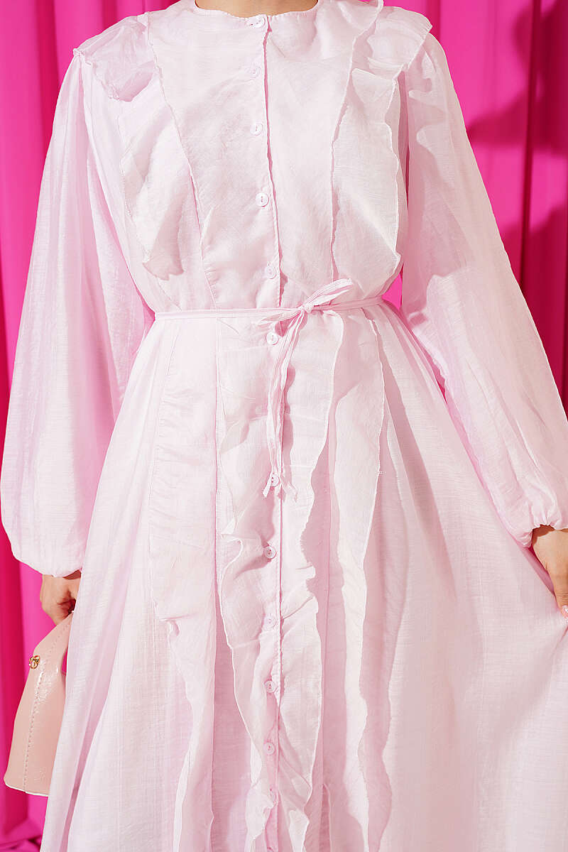 Button-Through Ruffle Dress with Cord Belt - Pink