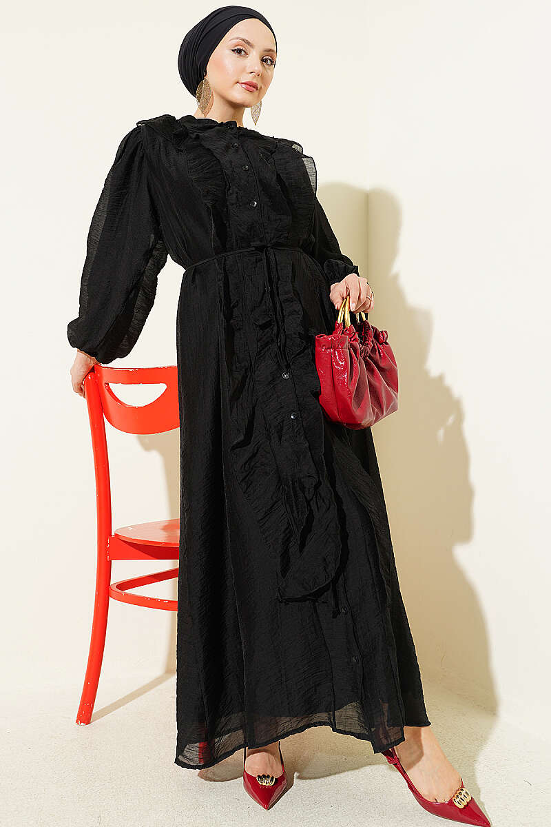 Button-Through Ruffle Dress with Cord Belt - Black
