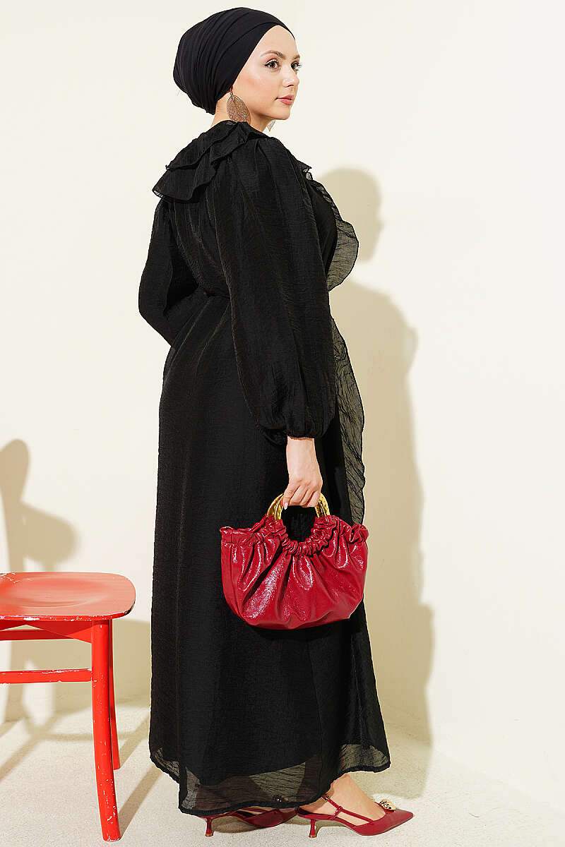 Button-Through Ruffle Dress with Cord Belt - Black