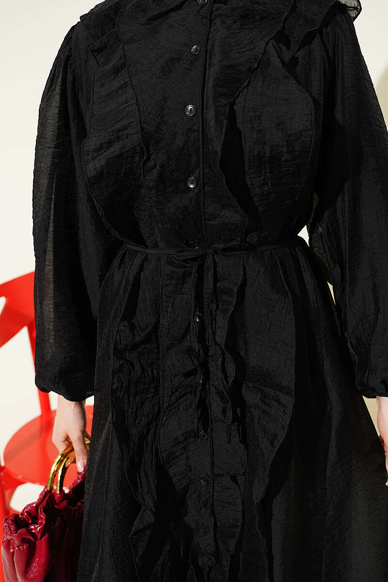 Button-Through Ruffle Dress with Cord Belt - Black