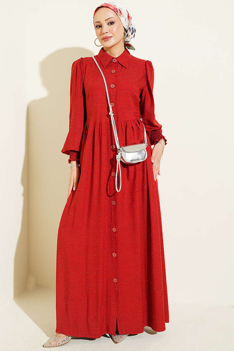 Button-Through Piped Dress - Burgundy