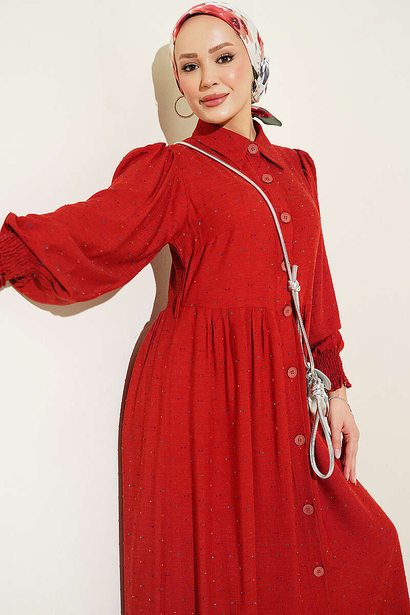 Button-Through Piped Dress - Burgundy