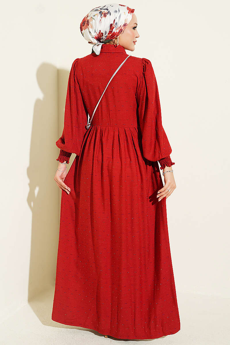 Button-Through Piped Dress - Burgundy