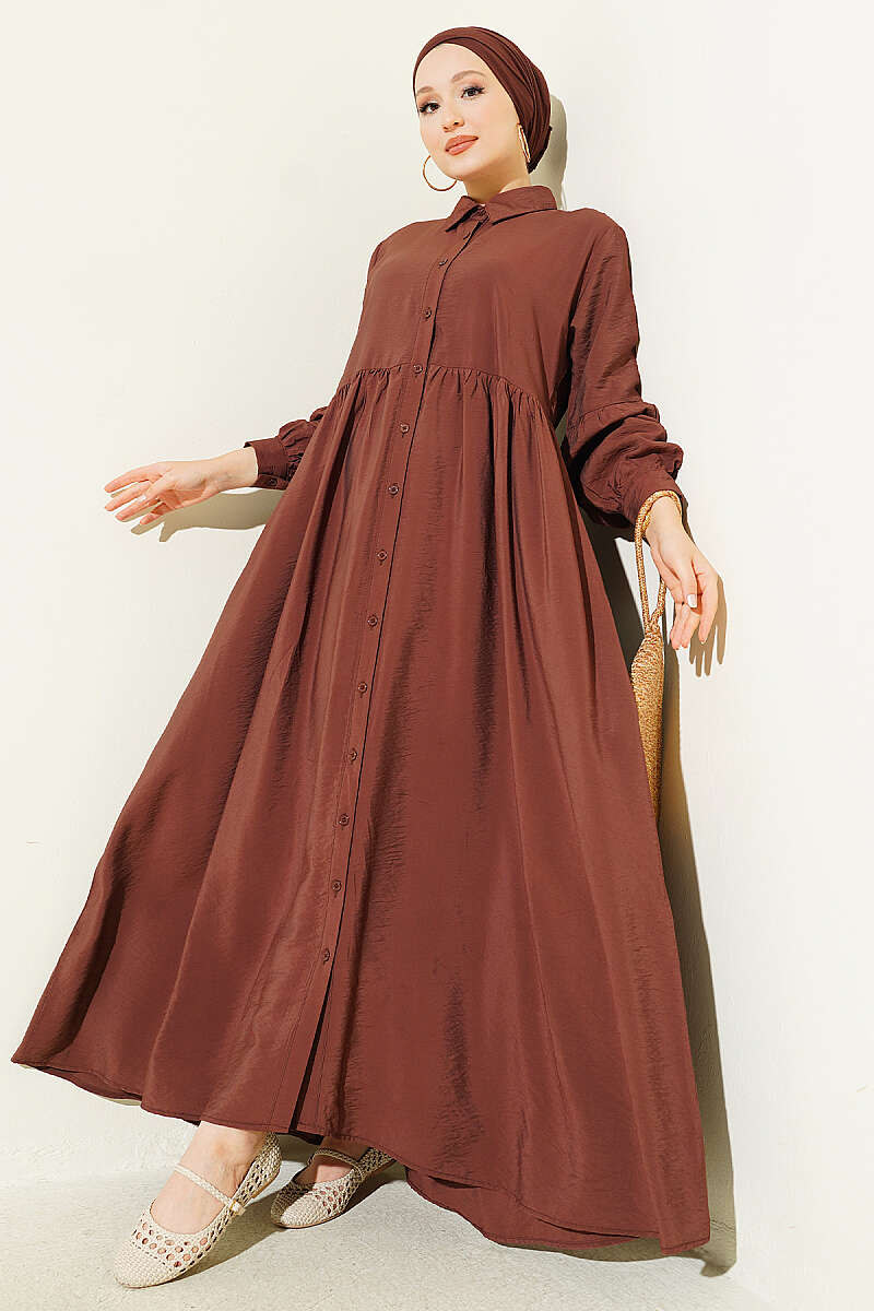 Button-Through Shirt-Collar Dress - Brown