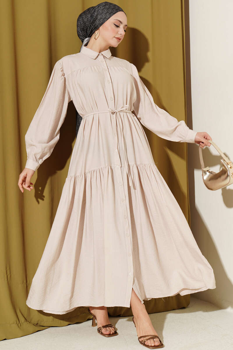 Button-Through Dress with Tie Cords - Beige
