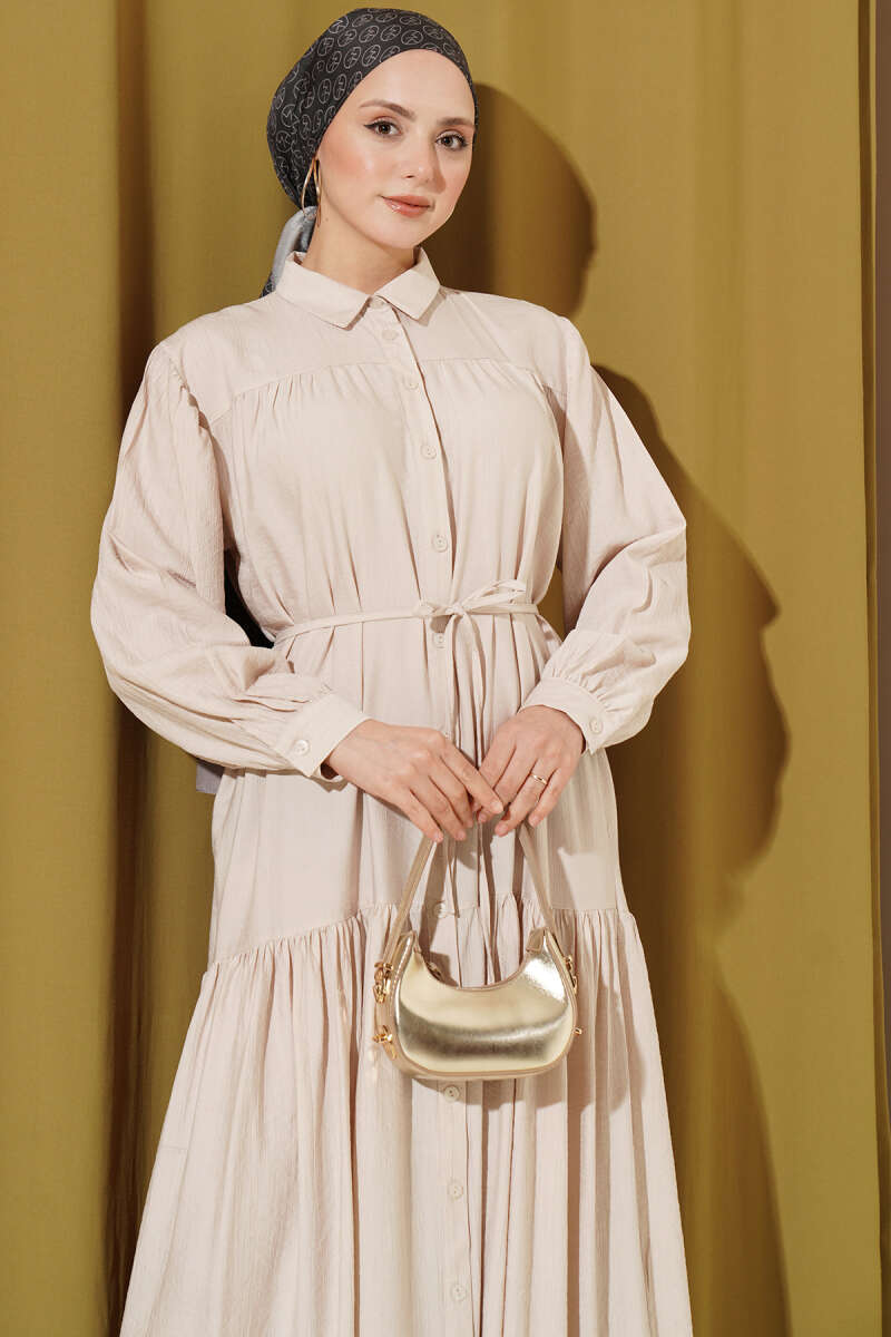 Button-Through Dress with Tie Cords - Beige