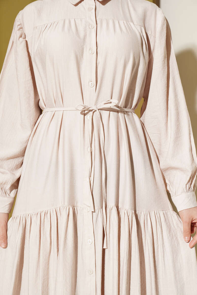 Button-Through Dress with Tie Cords - Beige