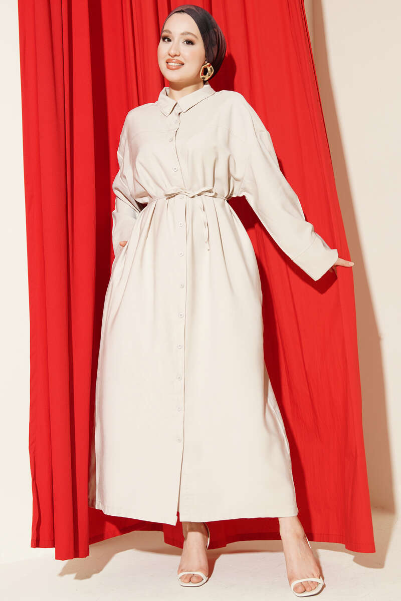 Button-Through Tencel Dress with Ties - Stone