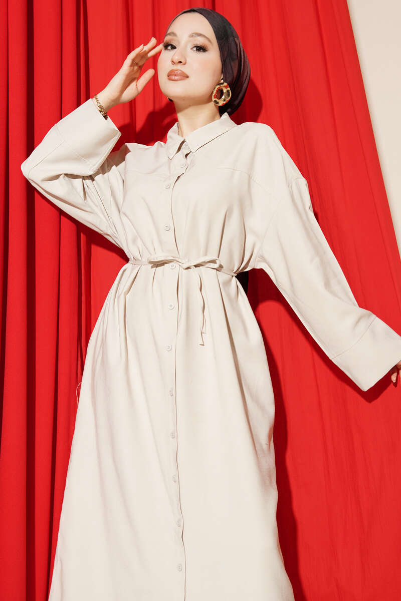 Button-Through Tencel Dress with Ties - Stone