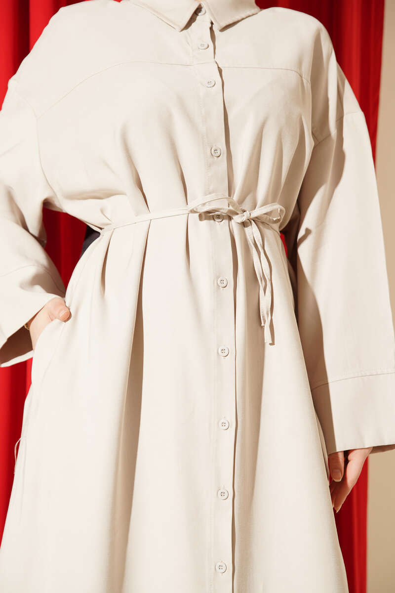 Button-Through Tencel Dress with Ties - Stone
