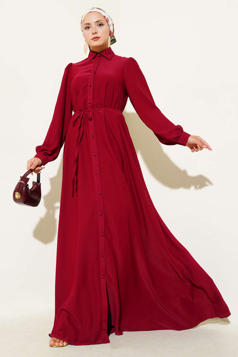Button-Through Dress with Tie Belt - Burgundy