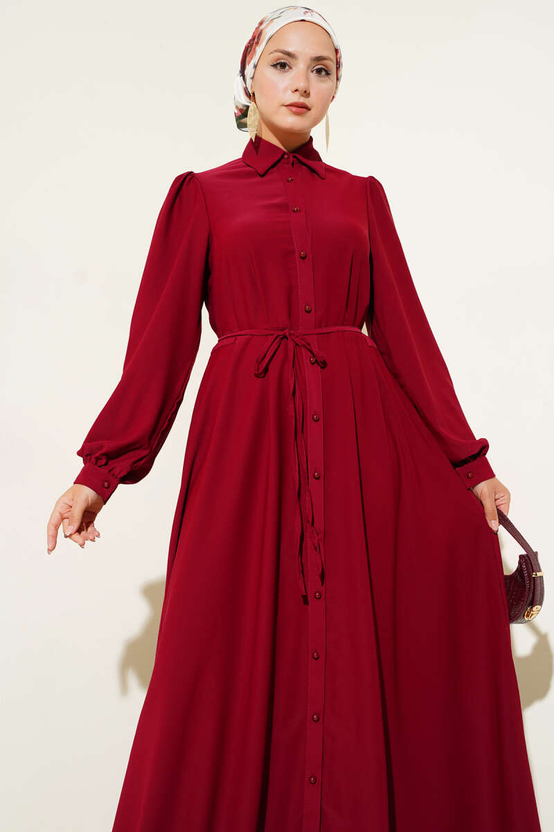 Button-Through Dress with Tie Belt - Burgundy