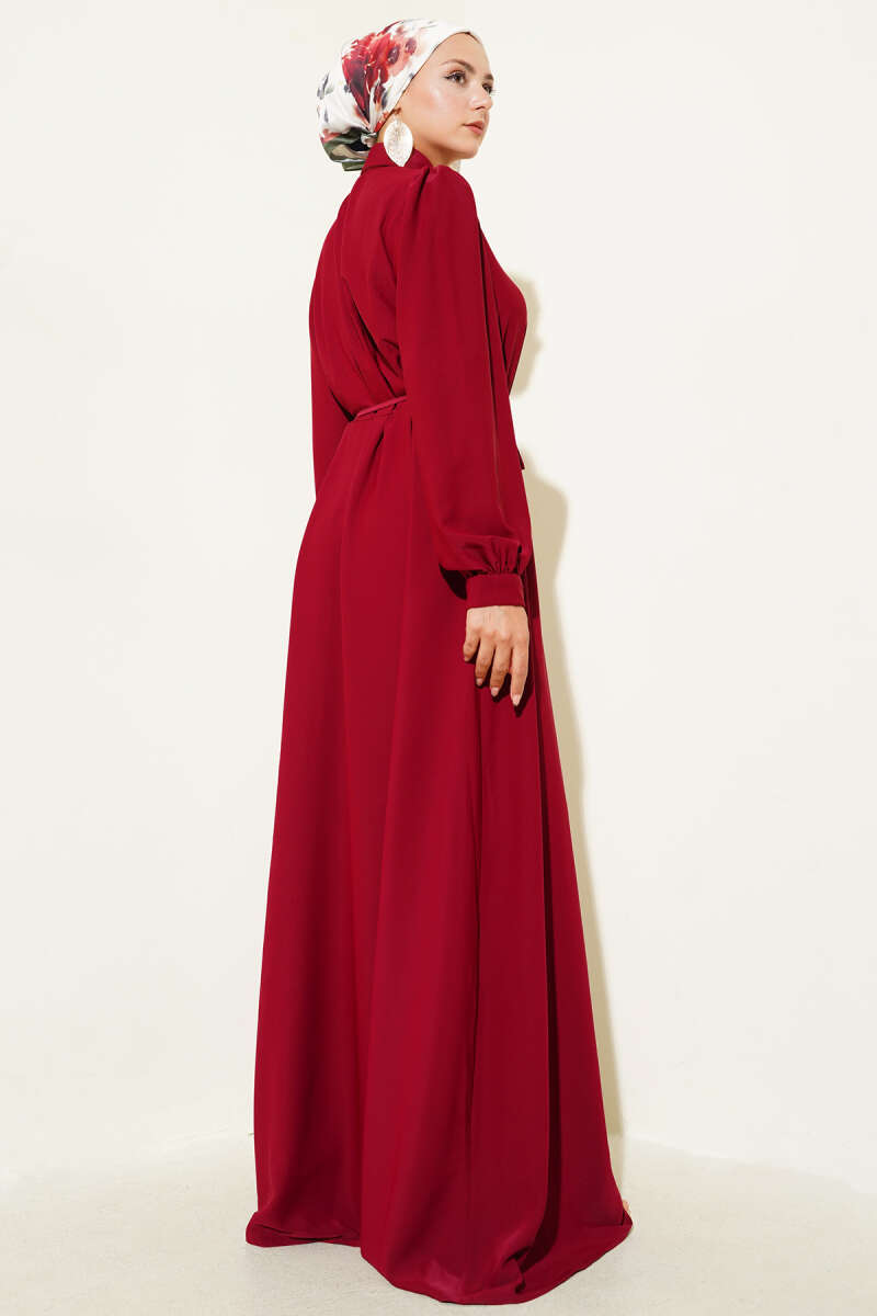 Button-Through Dress with Tie Belt - Burgundy
