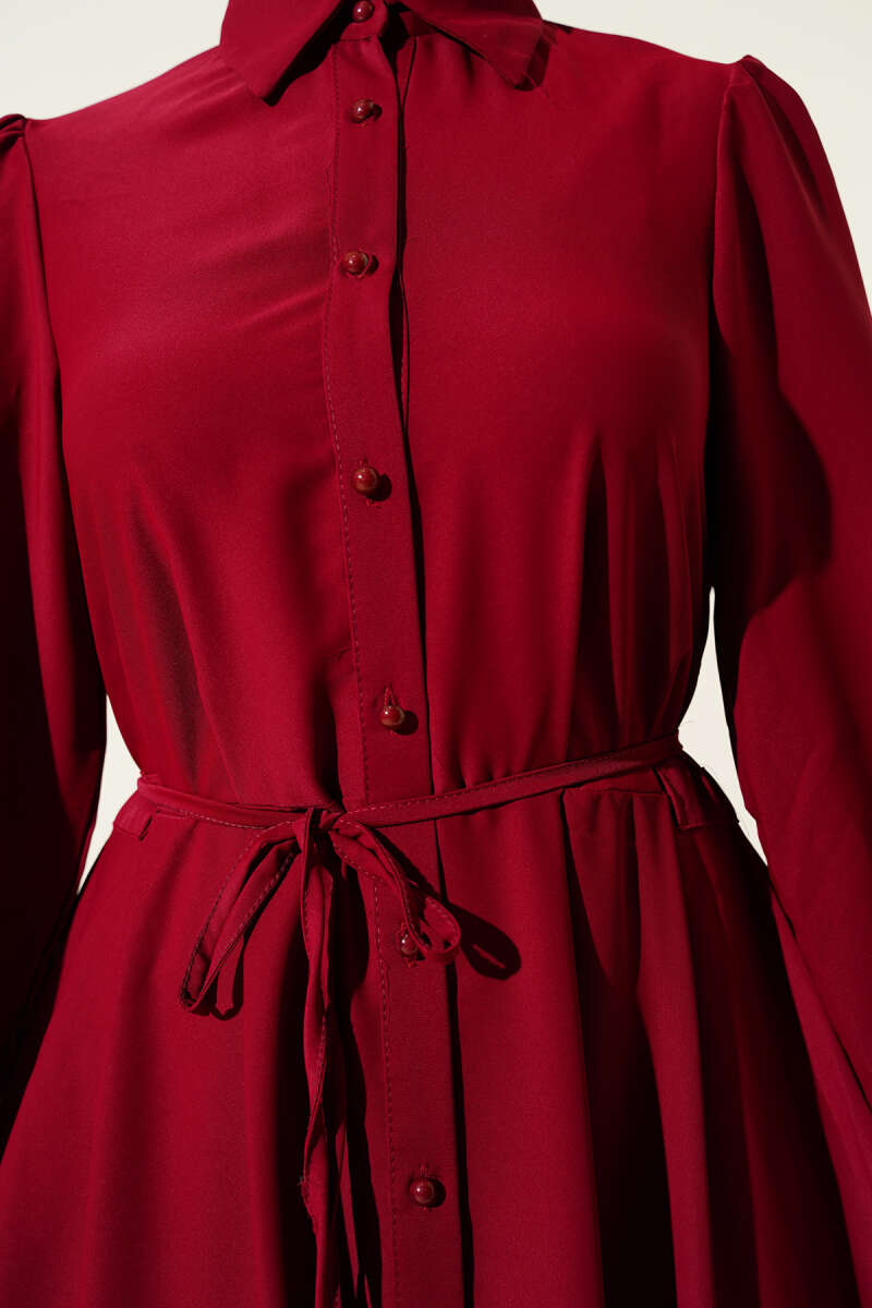 Button-Through Dress with Tie Belt - Burgundy