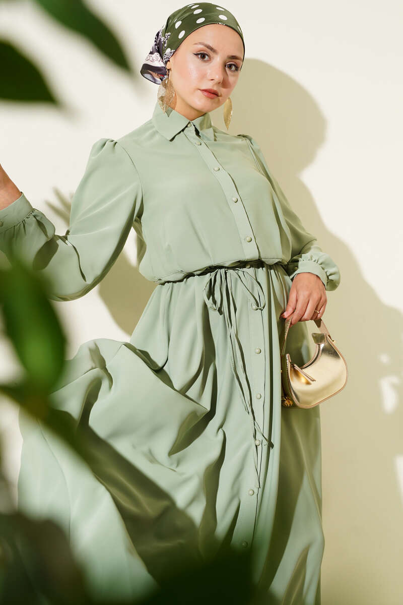 Button-Through Dress with Tie Belt - Almond Green