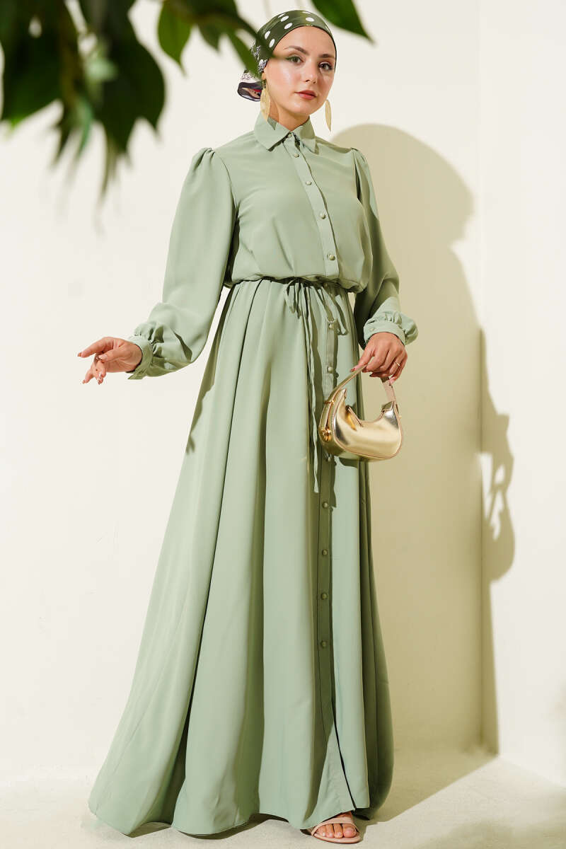 Button-Through Dress with Tie Belt - Almond Green