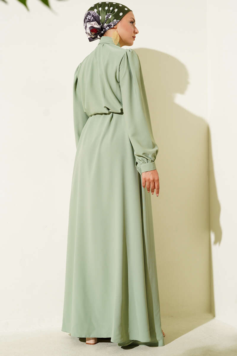 Button-Through Dress with Tie Belt - Almond Green
