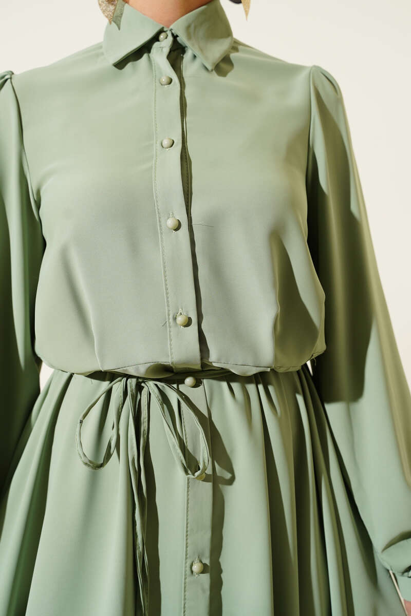 Button-Through Dress with Tie Belt - Almond Green