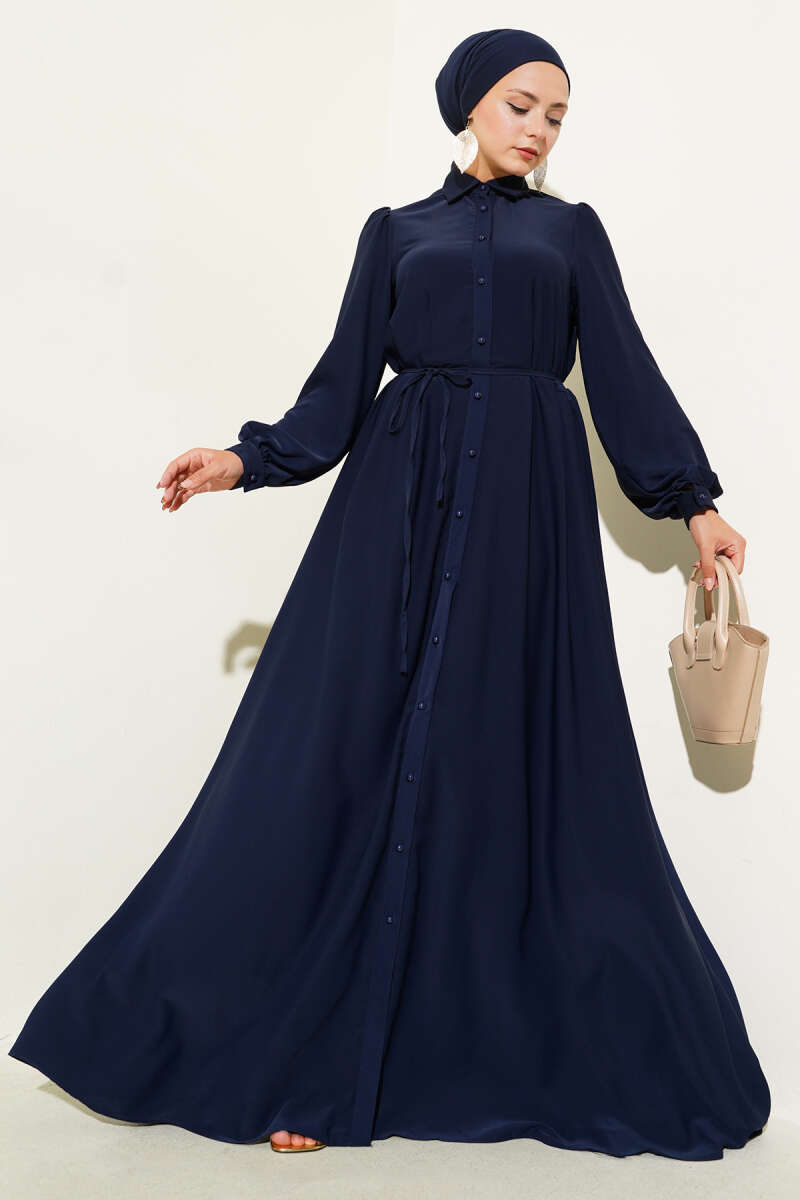 Button-Through Dress with Tie Belt - Navy