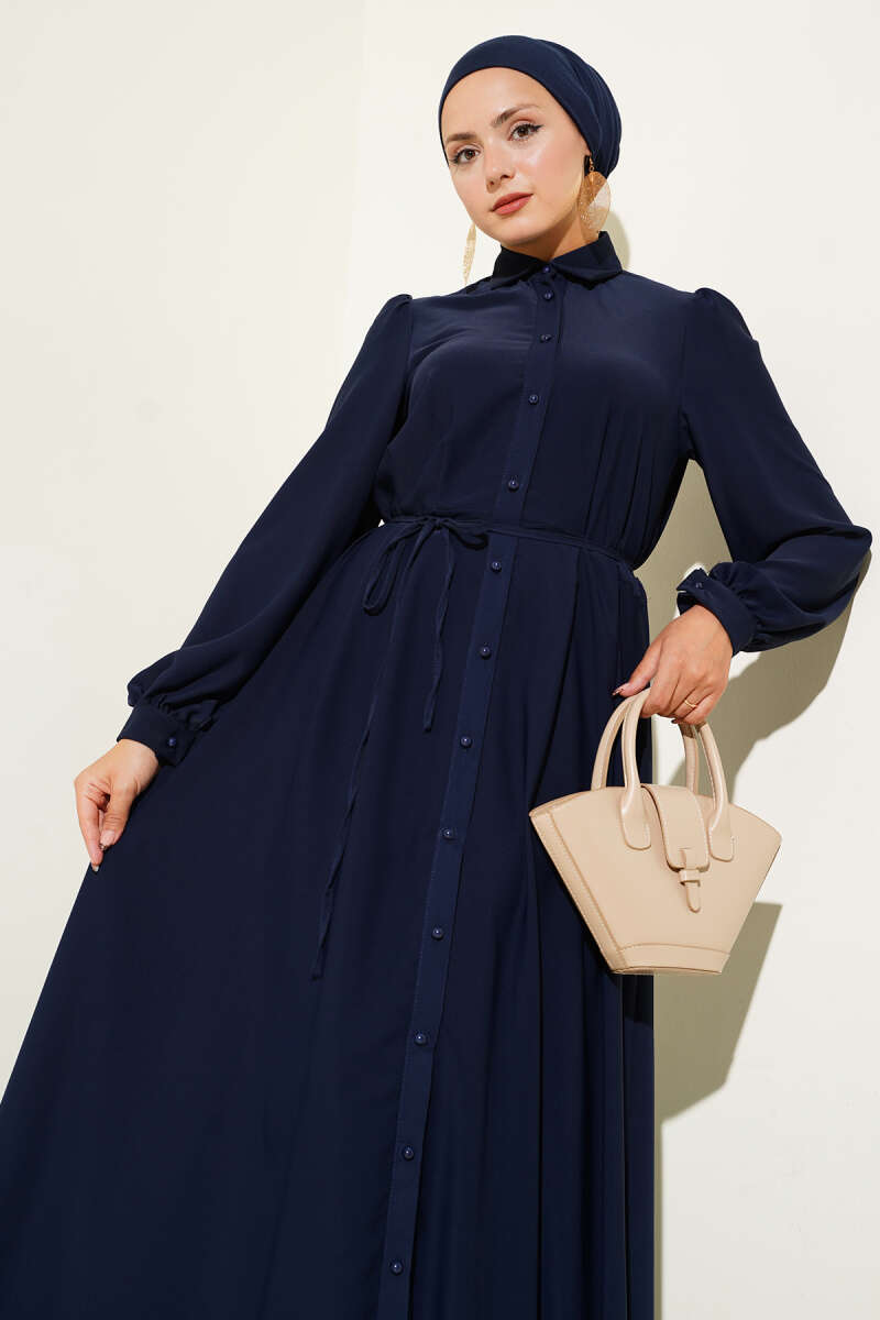 Button-Through Dress with Tie Belt - Navy