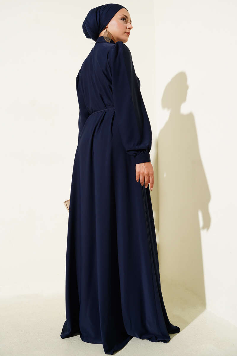 Button-Through Dress with Tie Belt - Navy