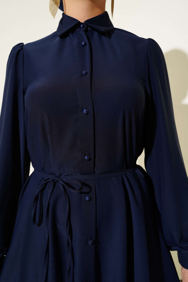 Button-Through Dress with Tie Belt - Navy